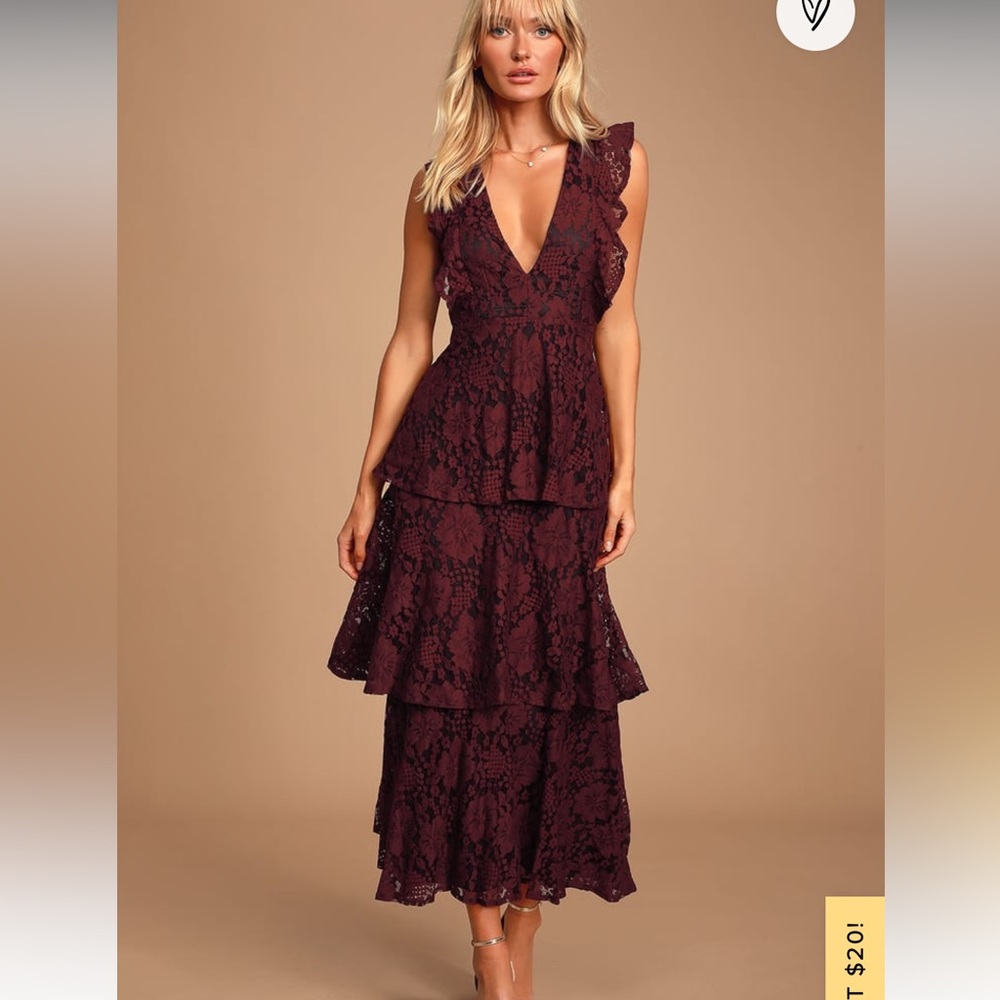 Lulu’s Molinetto Burgundy Lace Ruffled Tiered Sleeveless Maxi Dress